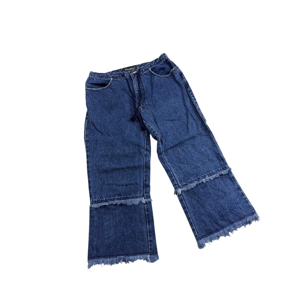 Y2K JeansWear Women Blue Denim Tiered Fringe Crop Jeans Drawstring Waist 29